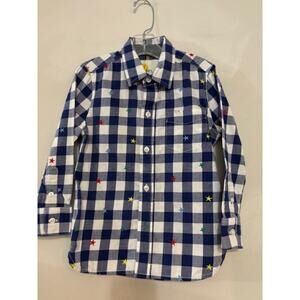 Mini Boden Blue Gingham Embroidered Stars Long Sleeve Button Down Shirt 4-5